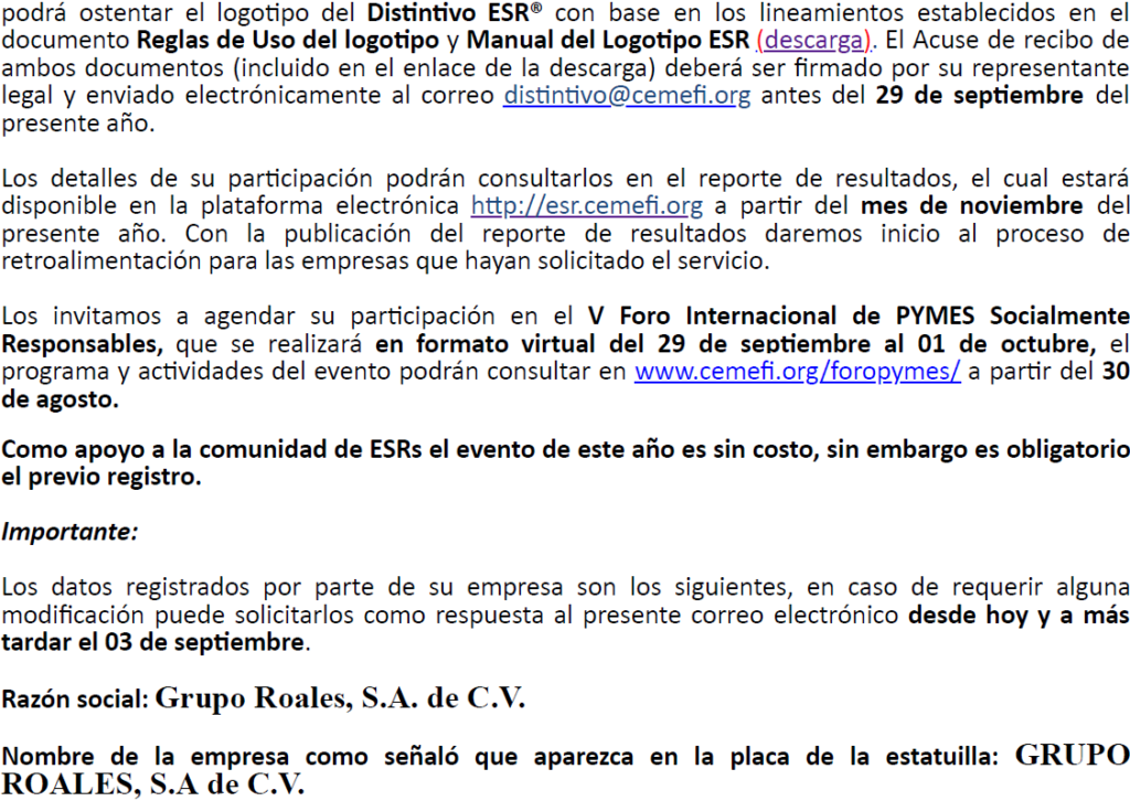  Obtención del Distintivo de Empresa Socialmente Responsable PyMEs 2021