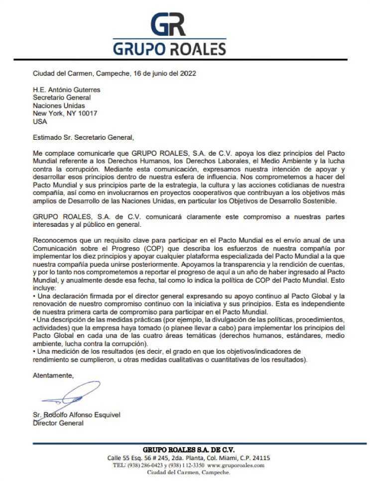 Carta de Compromiso de Grupo Roales con el Pacto Mundial